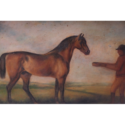 213 - 19th century naive school - Horse and Jockey - oil on panel, 40 by 30cms, unframed.