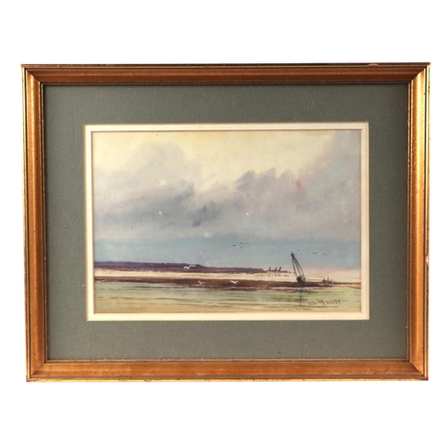 214 - A Hulle (?) - Estuary Scene with Moored Boats - signed lower right, watercolour heightened with body... 