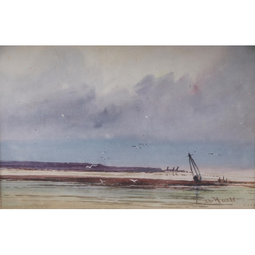 214 - A Hulle (?) - Estuary Scene with Moored Boats - signed lower right, watercolour heightened with body... 