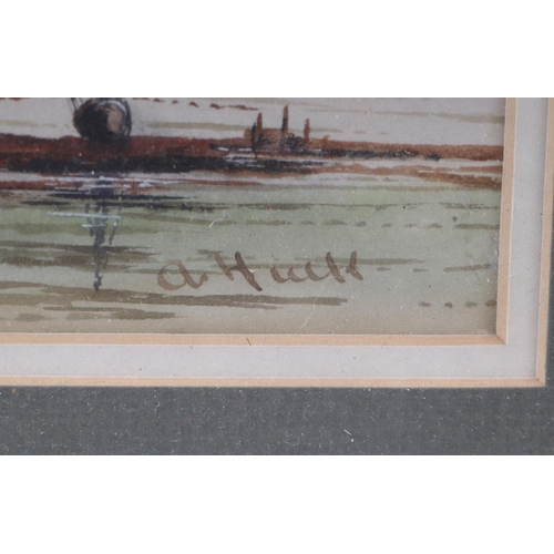 214 - A Hulle (?) - Estuary Scene with Moored Boats - signed lower right, watercolour heightened with body... 