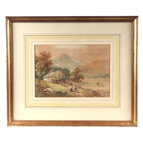 216 - Walter Ellis (1849-1918) - Landscape with seated Figures in the Foreground and Cottage in the Distan... 