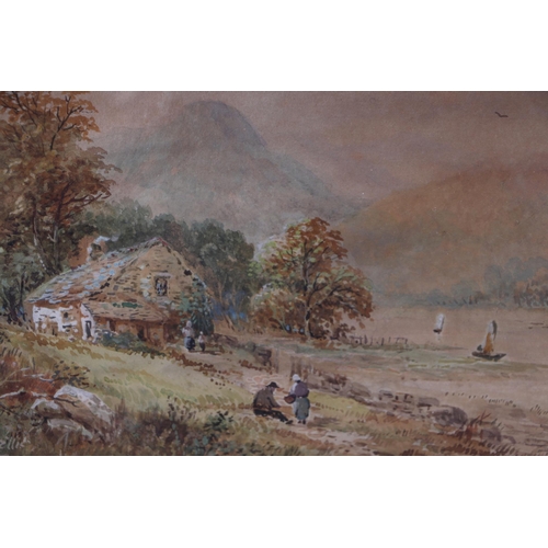216 - Walter Ellis (1849-1918) - Landscape with seated Figures in the Foreground and Cottage in the Distan... 
