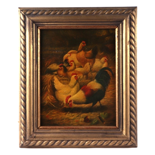 217 - An oleograph depicting chicken within a barn interior, 18 by 24cms, framed.