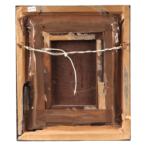 217 - An oleograph depicting chicken within a barn interior, 18 by 24cms, framed.