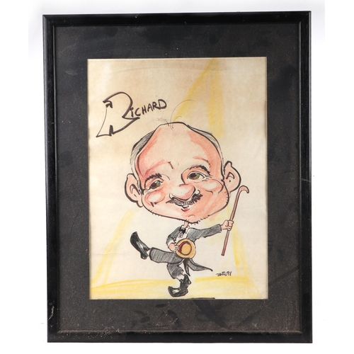 219 - David (modern British) - Richard - A comical caricature Richard holding a cane and straw boater, mix... 