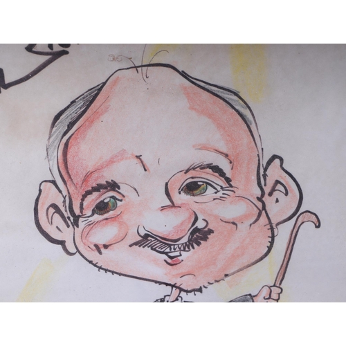 219 - David (modern British) - Richard - A comical caricature Richard holding a cane and straw boater, mix... 