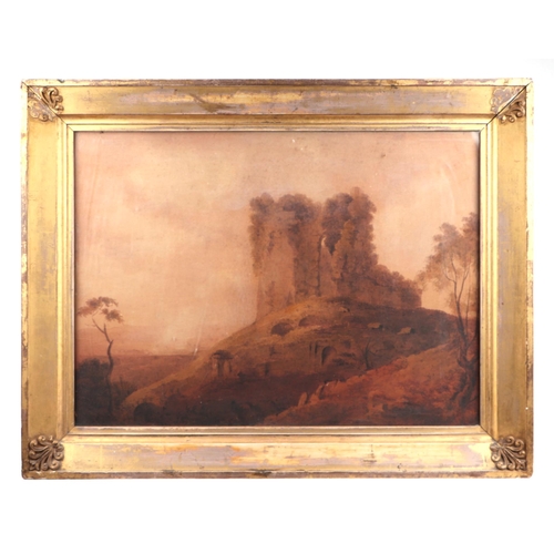 221 - An early 19th century sepia watercolour depicting a ruin on a hillside, framed & glazed, 52 by 38cms... 