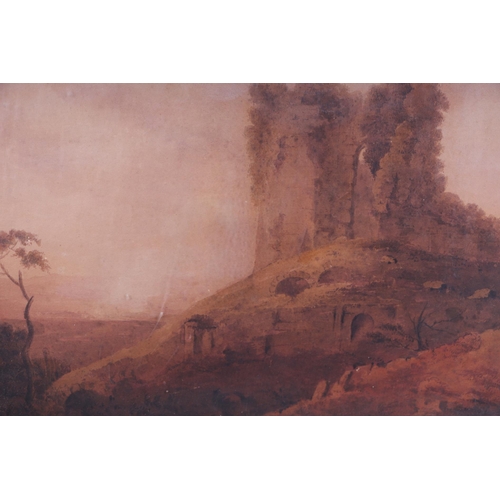 221 - An early 19th century sepia watercolour depicting a ruin on a hillside, framed & glazed, 52 by 38cms... 