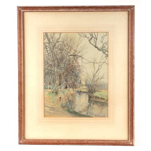 225 - G F Nicholls - River Scene with Church in the Background - signed lower right, watercolour, Ryman & ... 