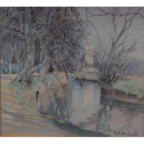 225 - G F Nicholls - River Scene with Church in the Background - signed lower right, watercolour, Ryman & ... 