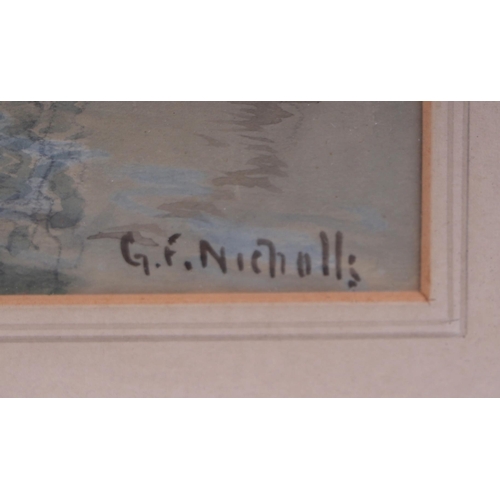 225 - G F Nicholls - River Scene with Church in the Background - signed lower right, watercolour, Ryman & ... 