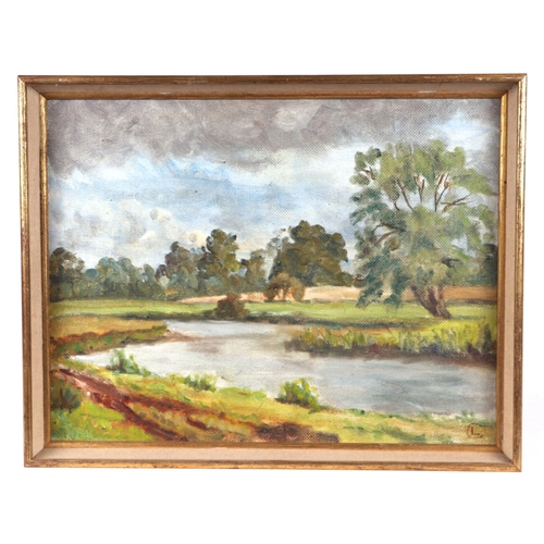 226 - D L Chalk (mid 20th century school) - River Scene - monogrammed lower right, oil on board, framed, 4... 