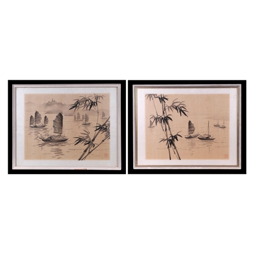 229 - Chinese school - Fishing Boats and Bamboo - watercolour on silk, framed & glazed; together with anot... 