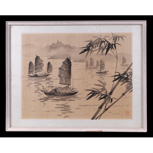 229 - Chinese school - Fishing Boats and Bamboo - watercolour on silk, framed & glazed; together with anot... 