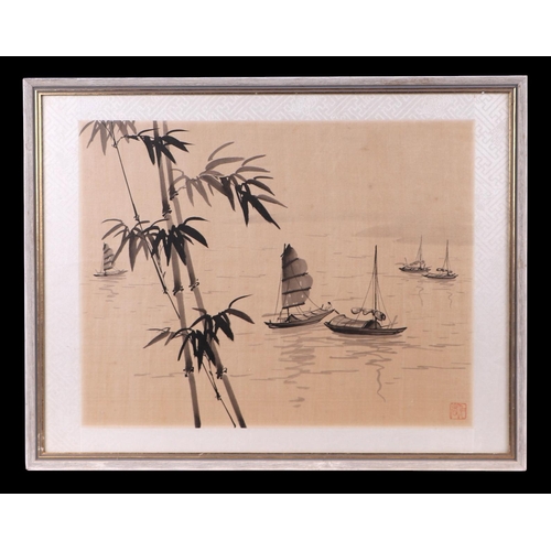229 - Chinese school - Fishing Boats and Bamboo - watercolour on silk, framed & glazed; together with anot... 