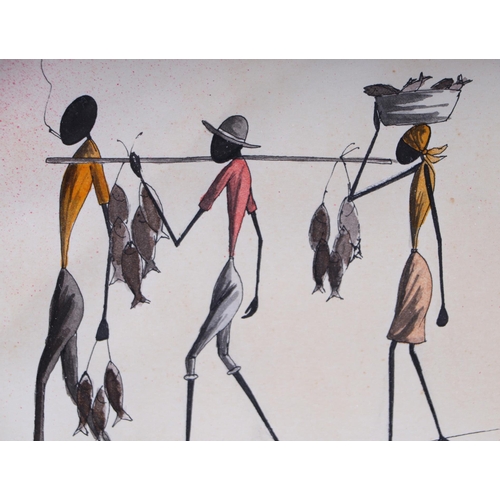 232 - Bon Chandiyanba (20th century South African school) - Figures Carrying Fish - coloured print, signed... 