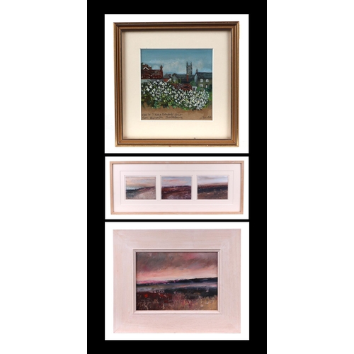 236 - Carol Clark (modern British) - a triptych of Moorland Scenes, oil on paper, each 14 by 10cms, framed... 