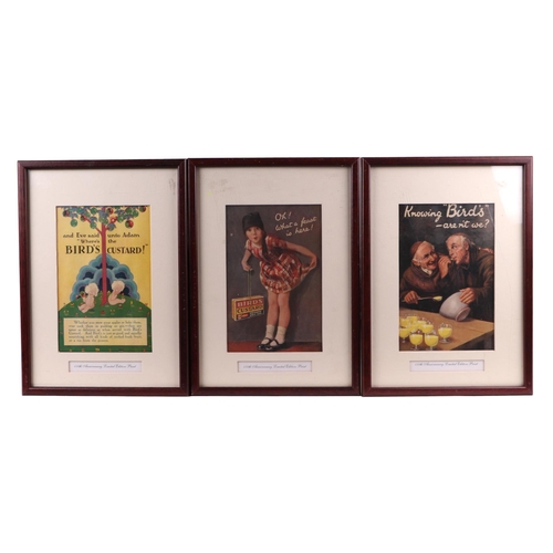 84 - Three Birds Custard 150th anniversary limited edition advertising prints, each 13 by 19cms, all fram... 