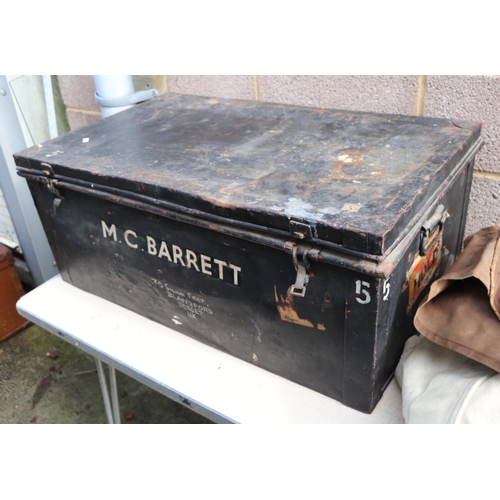 119 - A large quantity of militaria in a tin trunk named to 'M C Barrett' to include hip flasks, canvas ba... 