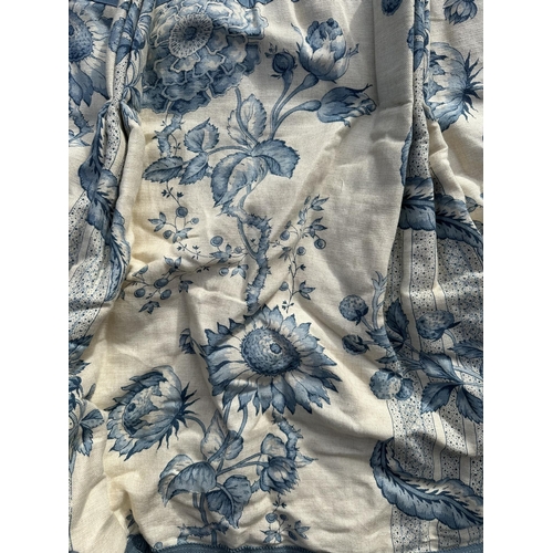 122 - A large single interlined curtain with blue & cream Toile de Jouy pattern and matching pelmets , 207... 