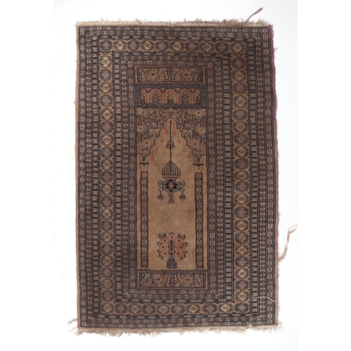 127 - A small Persian prayer rug decorated with geometric design, on a cream ground, 69 by 128cms.