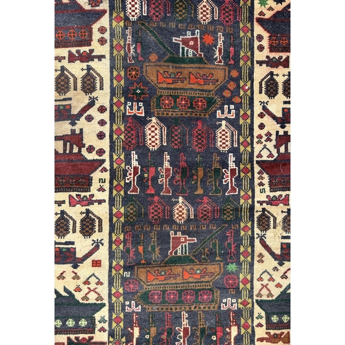 131 - A Persian Afghan war rug with repeating motifs, on a blue and cream ground within a multi border, 10... 