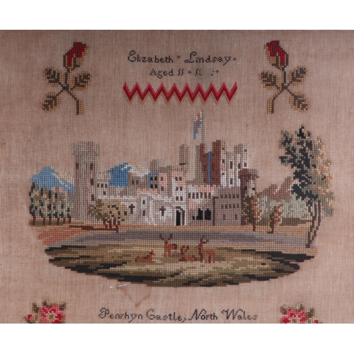 152 - A large Victorian woolwork sampler - Penrhyn Castle North Wales by Elizabeth Lindsay aged 11 within ... 