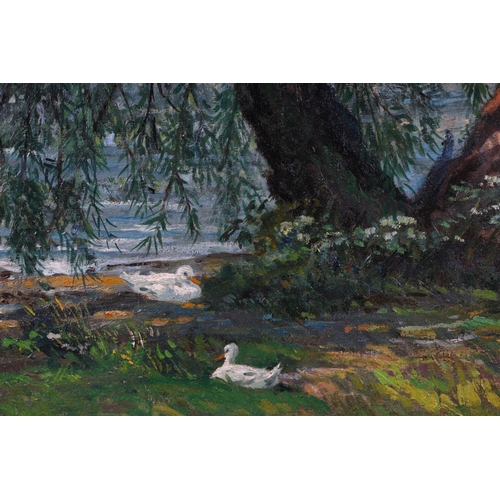 155 - Charles William Farley (1893-1982) - A River Bank Scene with Swans and Ducks in the Foreground - oil... 