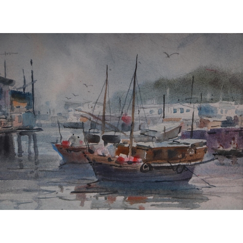 164 - Chi Chung (Chinese school) - Kowloon Harbour Scene - watercolour, signed lower left, 15 by 15cms, fr... 