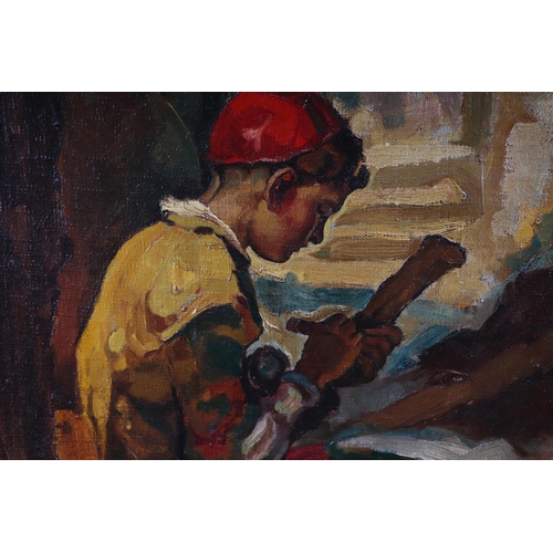 175 - Middle Eastern school - Study of  Young Boy Seated Carving a Piece of Wood - oil on canvas laid on b... 