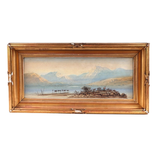 176 - Victorian school - Mountainous Lake Landscape Scene with Fisherman in the Foreground - initialled lo... 