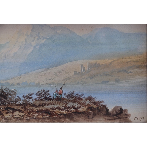 176 - Victorian school - Mountainous Lake Landscape Scene with Fisherman in the Foreground - initialled lo... 