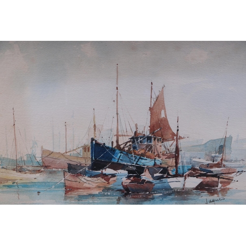 177 - Jacques (continental school) - Fishing Boats in a Harbour - signed lower right, watercolour, framed ... 