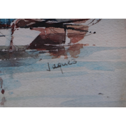 177 - Jacques (continental school) - Fishing Boats in a Harbour - signed lower right, watercolour, framed ... 