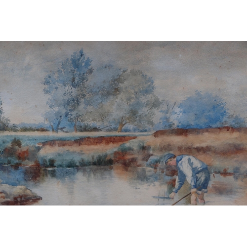 195 - E S Martin - A Summer's Day - a young boy playing with a pond yacht, signed lower left, watercolour,... 