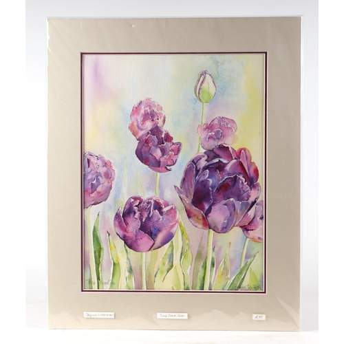 208 - Caroline Ashworth (modern British) - Black Tulips - watercolour, signed lower left, 29 by 38cms, mou... 