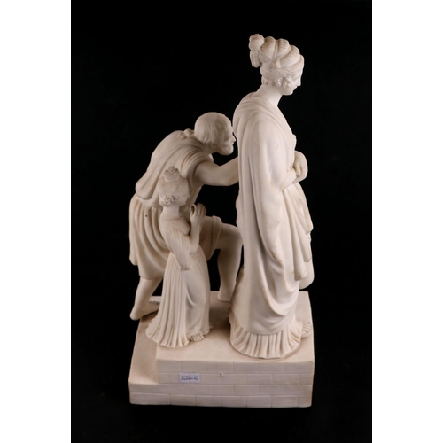 237 - A 19th century Parian figural group representing Charity, depicting a woman and child assisting a be... 