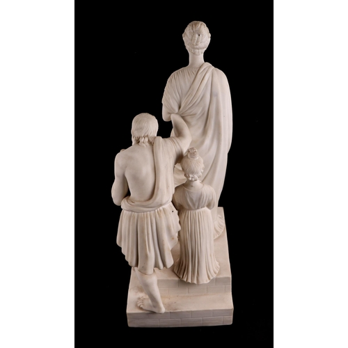 237 - A 19th century Parian figural group representing Charity, depicting a woman and child assisting a be... 