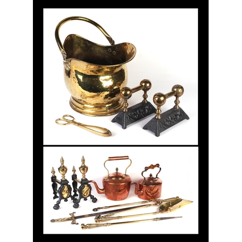 27 - A pair of steel and brass fire dogs; together with a brass coal scuttle; fire irons and copper kettl... 