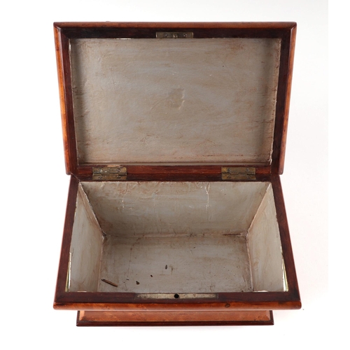 309 - A 19th century French burr wood sewing box with unrestored fitted interior, 22cms wide.