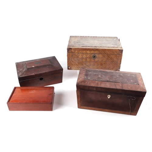 357 - A quantity of boxes for restoration to include tea caddies, stationery box and straw work examples.