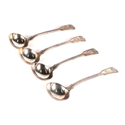 436 - A set of four Victorian silver fiddle & shell pattern sauce ladles, London 1844 and maker's mark for... 