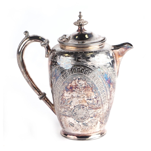 444 - An Indian white metal teapot with chased decoration, 682g, 21cms high.