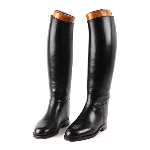 52 - A pair of gentleman's black leather riding boots with trees, approx size 9.