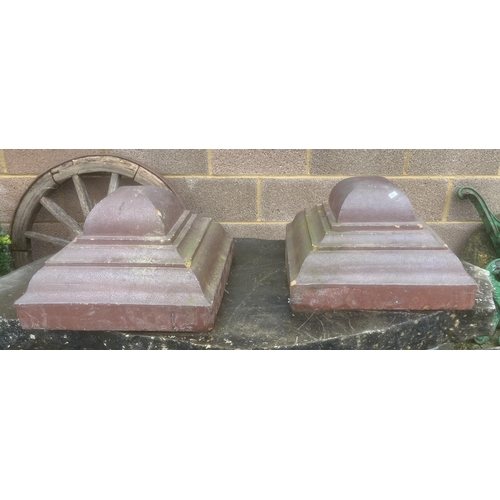 6 - A pair of salt glazed terracotta rectangular stepped capital tops, 46cms wide (2).