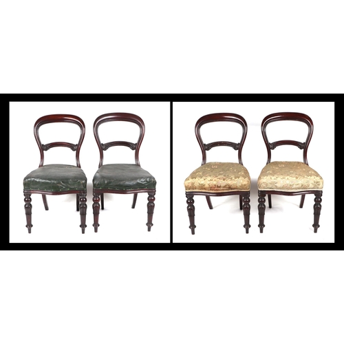 761 - A set of four Victorian mahogany balloon back dining chairs with overstuffed seats and reeded and tu... 