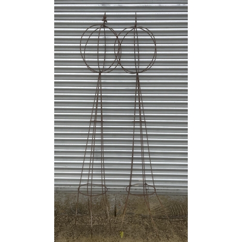 8 - A pair of wirework obelisk rose or sweet pea supports, approx 200cms high (2).