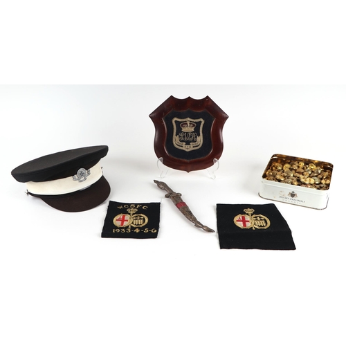 84 - A St John's Ambulance cap; together with a quantity of brass military buttons; two W.C.S.F.C. cloth ... 