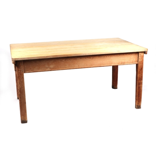 A pine scrub top kitchen table with single end drawer, on square legs