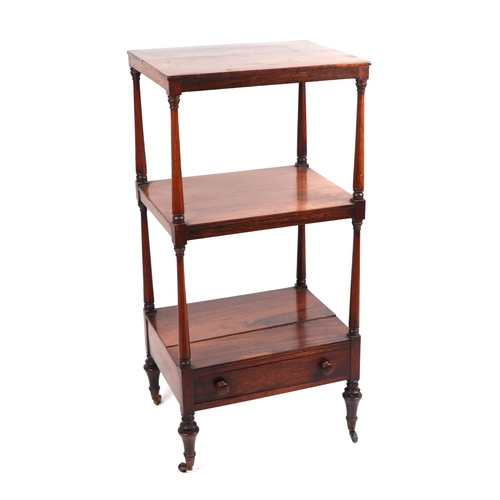 906 - A Victorian rosewood three-tier Whatnot, the lower tier with a drawer, 49cms wide.